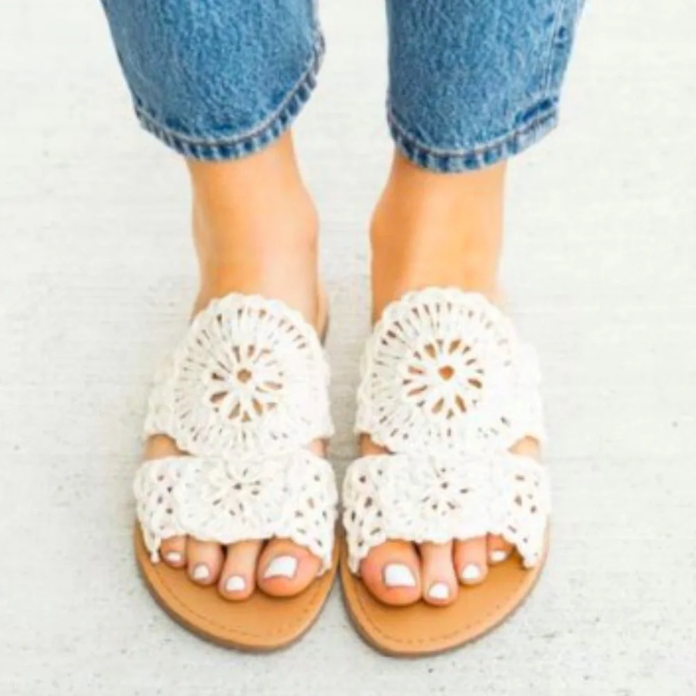 Qupid Athena Off-White Western Trend Crochet Flat Sandal - Picture 5 of 14